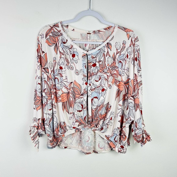 Free People Coral Blue Floral Knit Blouse Tie Sleeve Size XS - Picture 1 of 7
